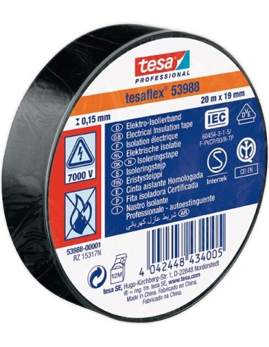 Cinta aislante 53988-20mx19mm negra de tesa-tape caja de 10