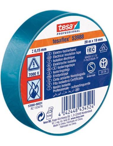 Cinta aislante 53988-20mx19mm azul de tesa-tape caja de 10