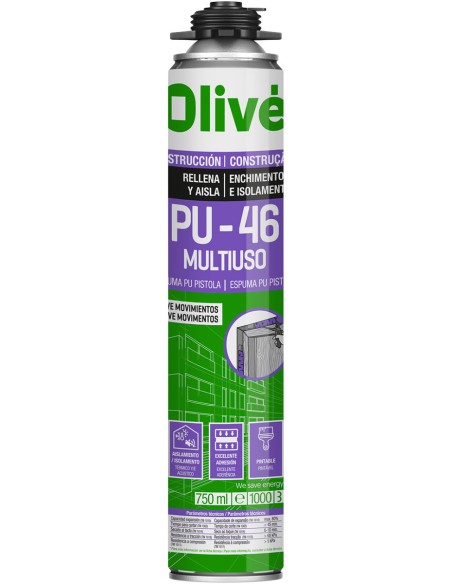 Espuma pu-46 multiuso 750ml pistola amarillo de olive caja de 12 unidades