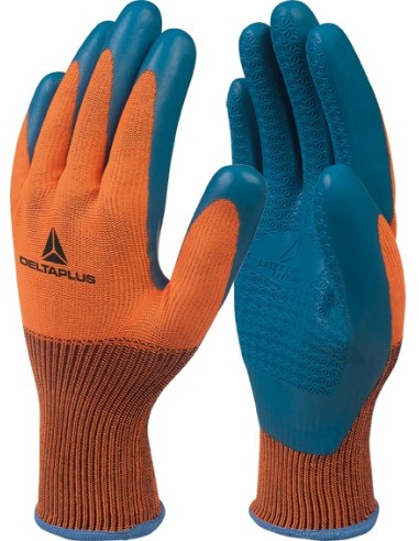 Guante poliester/latex ve733 talla 10 naranja/azul de deltaplus