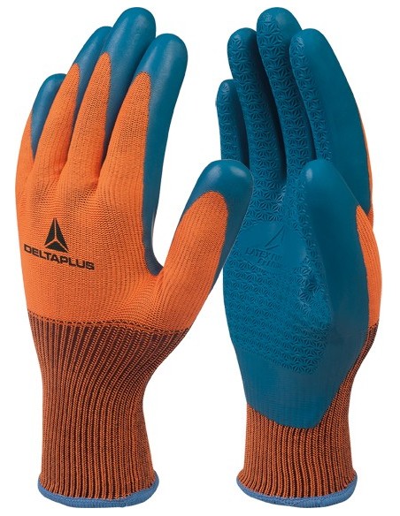 Guante poliester/latex ve733 talla 10 naranja/azul de deltaplus